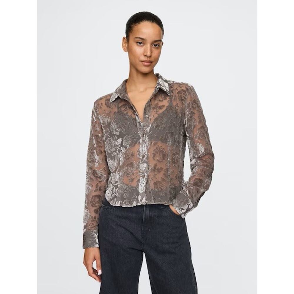 NWT GAP Recycled Velvet Crop Shirt Sheer Burnout Collared Button Up Top Size XL